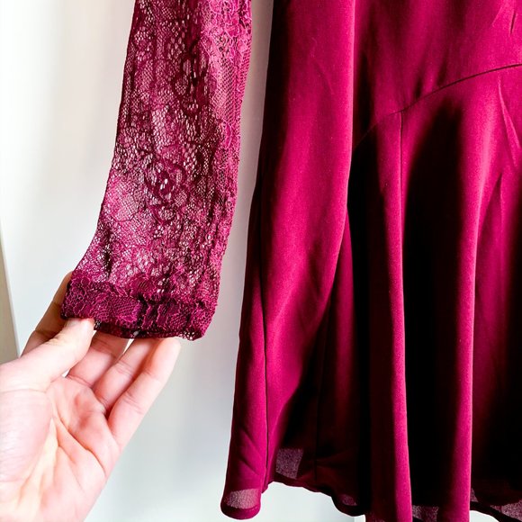 deep burgundy dress with lace sleeves - Picture 3 of 4